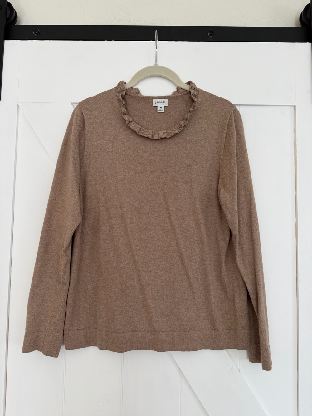 J. Crew Ruffle-Neck Long Sleeve Sweater in Camel